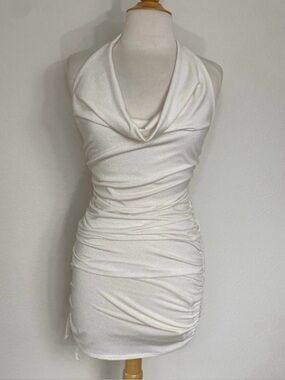New Rae Republic Womens Cream Gold Glitter Ruche Halter Mini Dress Size Small